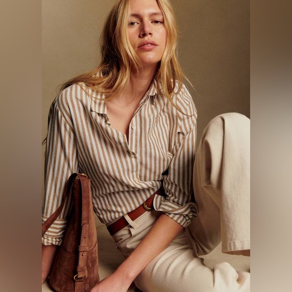 Sezane Tops - Sézane Tomboy Shirt in Ecru Camel Stripes FR 42 / US 10 / XL